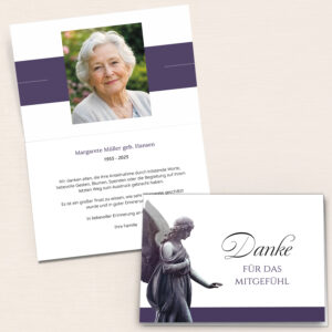 Personalisierbare Trauer Danksagung mit Portraitfoto, Engelmotiv und violetten Designelementen.