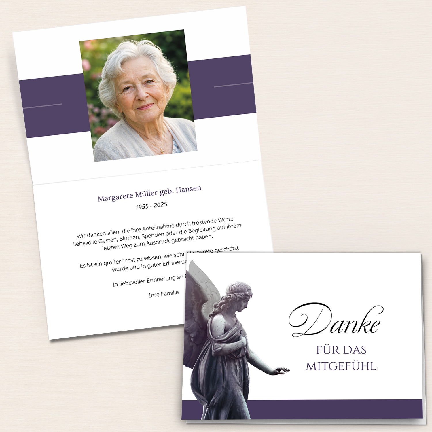 Personalisierbare Trauer Danksagung mit Portraitfoto, Engelmotiv und violetten Designelementen.