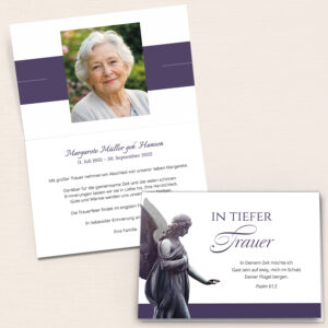 Personalisierbare Trauerkarte mit Portraitfoto, Engelmotiv und violetten Designelementen.