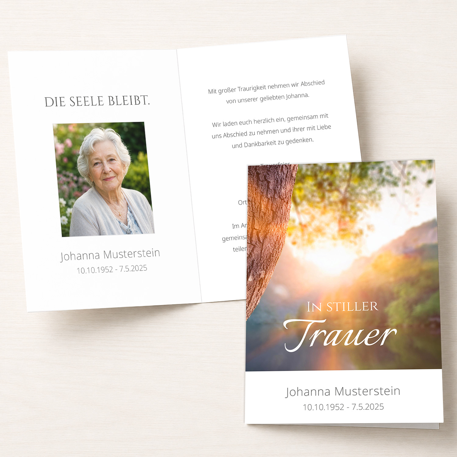 Personalisierbare Trauerkarte mit Baum, Flusslandschaft und Portraitfoto.