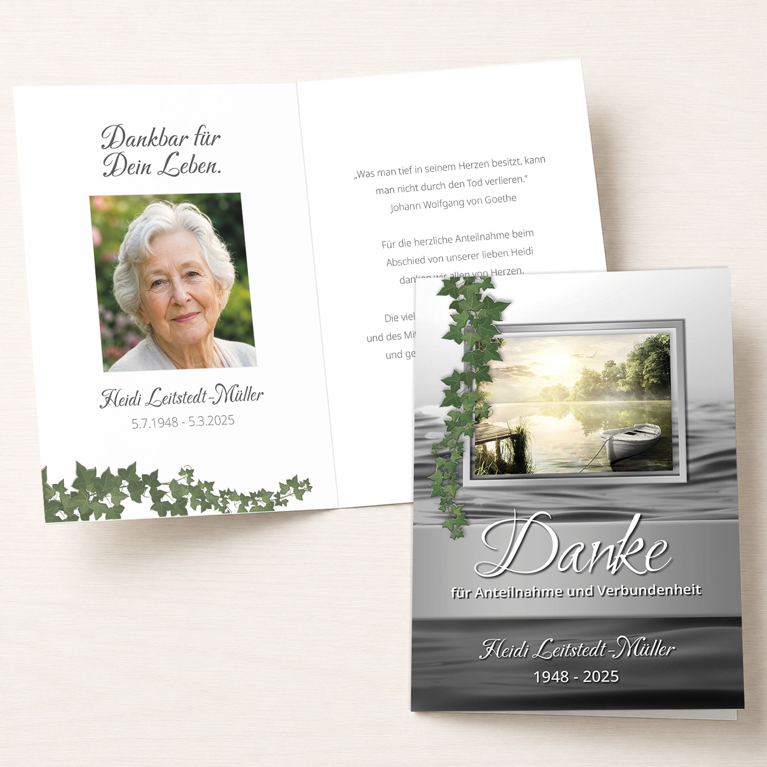 Personalisierbare Trauer Danksagung mit Efeu, Landschaftsmotiv und Portraitfoto als Klappkarte.