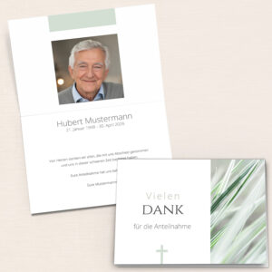 Personalisierbare Trauer Danksagung mit Kreuz, Gräsermotiv und Portraitfoto als Klappkarte