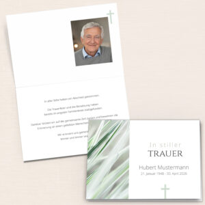 Personalisierbare Trauerkarte mit Kreuz, Gräsermotiv und Portraitfoto als Klappkarte
