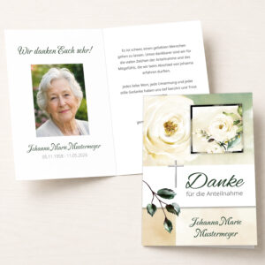 Personalisierbare Trauer Danksagung mit weißer Rose, Kreuz und Portraitfoto als Klappkarte