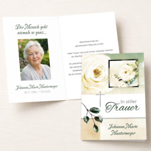 Personalisierbare Trauerkarte mit weißer Rose, Kreuz und Portraitfoto als Klappkarte