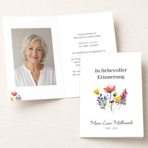 Personalisierbare Trauerkarte mit buntem Wildblumenstrauß und Portraitfoto als Klappkarte
