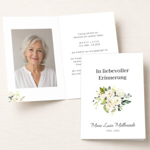 Personalisierbare Trauerkarte mit weißem Blumenstrauß als Klappkarte