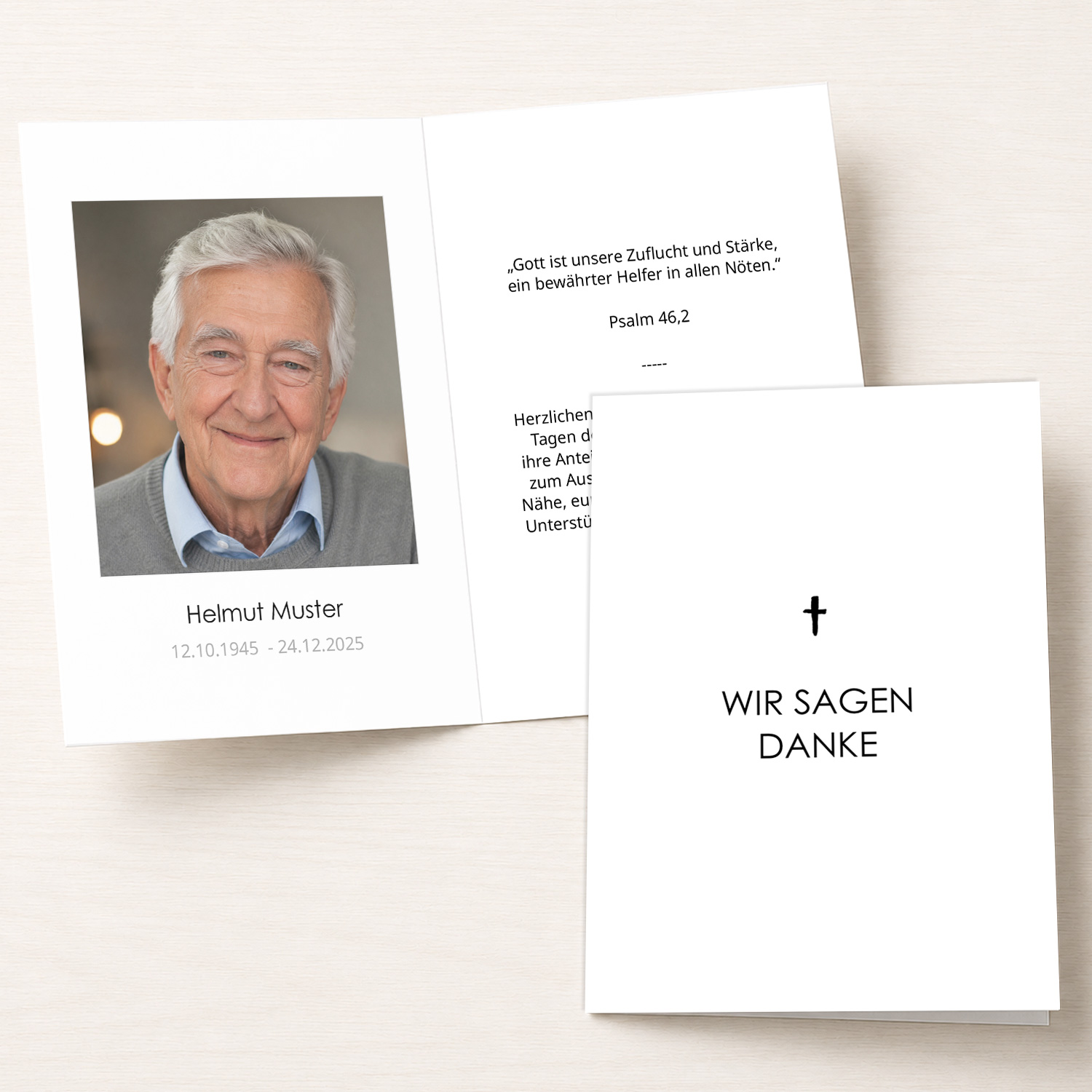 ersonalisierbare Trauer Danksagung mit christlichem Kreuz und Portraitfoto als Klappkarte