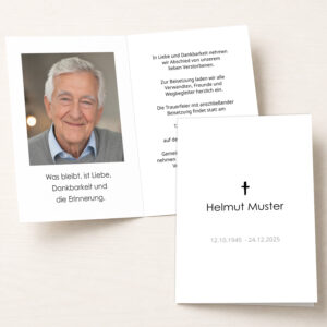 Personalisierbare Trauerkarte mit christlichem Kreuz und Portraitfoto als Klappkarte