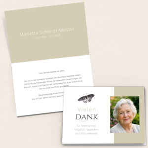 Personalisierbare Trauer Danksagung mit Schmetterling und Portraitfoto als Klappkarte