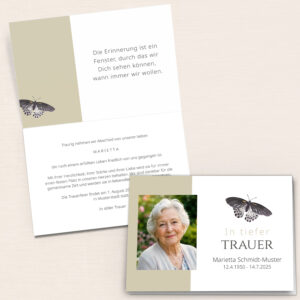 Personalisierbare Trauerkarte mit Schmetterling und Portraitfoto als Klappkarte