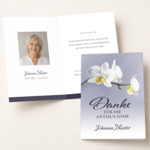 Personalisierbare Trauer Danksagung mit weißer Orchidee als Klappkarte