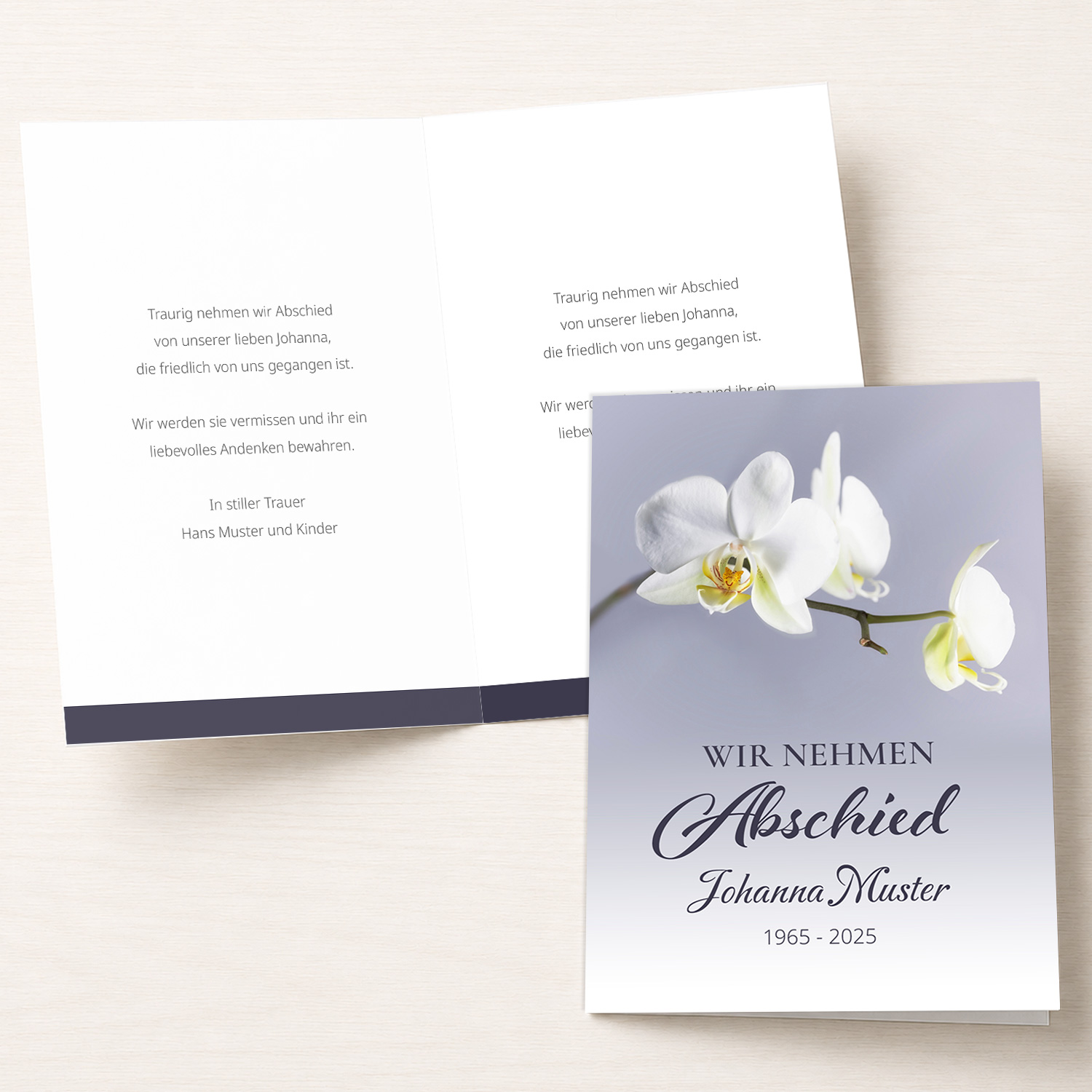 Personalisierbare Trauerkarte mit weißer Orchidee als Klappkarte