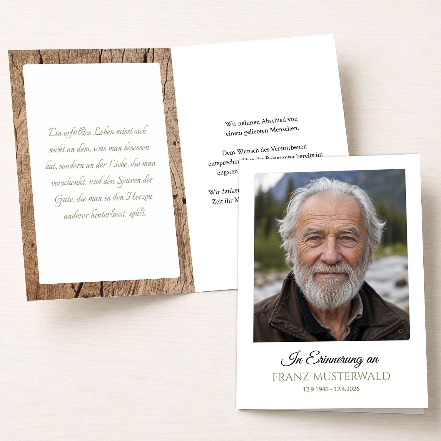 Personalisierbare Trauerkarte mit Portraitfoto auf der Vorderseite als Klappkarte