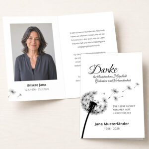 Personalisierbare Trauer Danksagung mit Pusteblume als Klappkarte