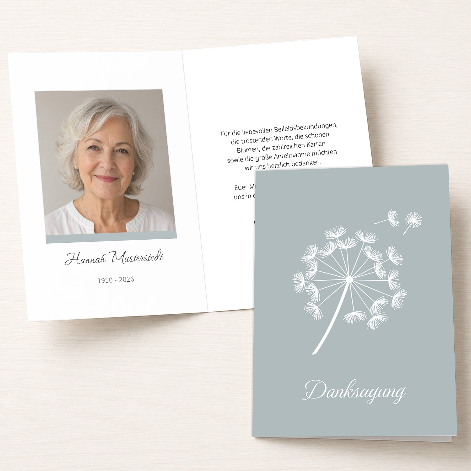 Personalisierbare Trauer Danksagung mit Pusteblume und Portraitfoto als Klappkarte