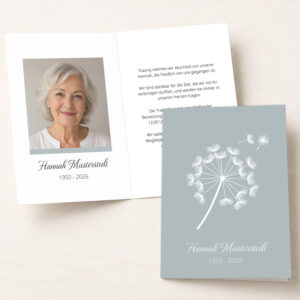 Personalisierbare Trauerkarte mit Pusteblume und Portraitfoto als Klappkarte