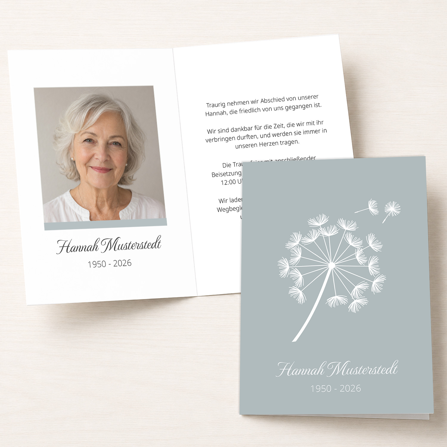 Personalisierbare Trauerkarte mit Pusteblume und Portraitfoto als Klappkarte